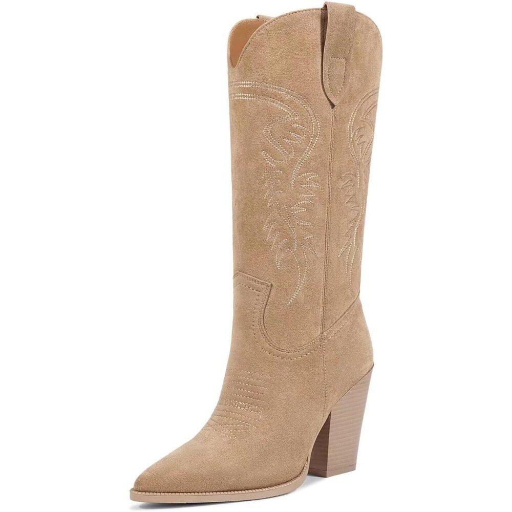 Women's Suede Apricot Pointed Toe Chunky Heel Western Rubber Boots - Picture 1 of 6
